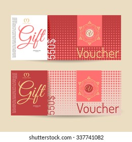 Retro gift voucher and a place for text, logo, contact information. The combination of graphic elements with typography. Luxury elegant vector illustration example designs for Cafe, Hotel, Jewelry.