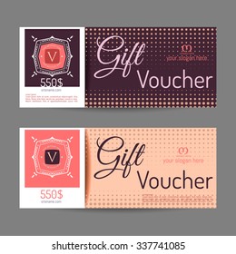 Retro gift voucher and a place for text, logo, contact information. The combination of graphic elements with typography. Luxury elegant vector illustration example designs for Cafe, Hotel, Jewelry.