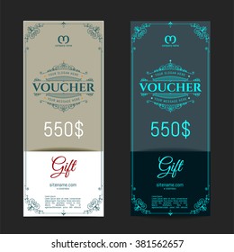 Retro gift voucher and a place for text, logo, contact information. The combination of graphic elements with typography.  Luxury elegant  vector illustration example designs for Cafe, Hotel, Jewelry