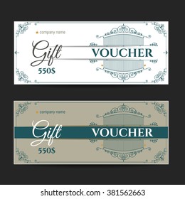 Retro gift voucher and a place for text, logo, contact information. The combination of graphic elements with typography.  Luxury elegant  vector illustration example designs for Cafe, Hotel, Jewelry