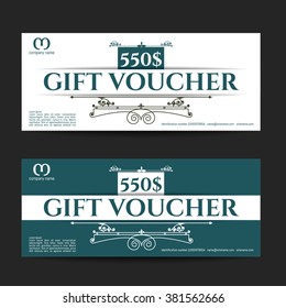 Retro gift voucher and a place for text, logo, contact information. The combination of graphic elements with typography.  Luxury elegant  vector illustration example designs for Cafe, Hotel, Jewelry