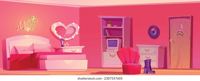 Retro girl bedroom interior with furniture. Vector cartoon illustration of pink room with pillows and blanket on bed, neon lamp on wall, vintage computer, cosmetics on table, armchair. Y2k home