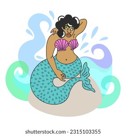 Retro girl. Black mermaid sitting sitting on a rock in waves. Vector isolated illustration.