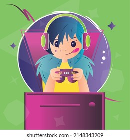 Retro girl cartoon with headphones and joystick Videogames Vector