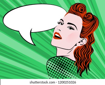 Retro girl comic style vector illustration   on green background.