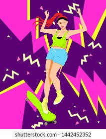 retro girl dancing on the longboard,80's background.