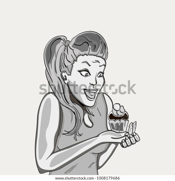 Retro Girl Delighted Cake Holds Hands Stock Vector (Royalty Free ...