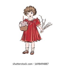 Chica retro con torta de Pascua y ramas de sauce. Composición del festival religioso de primavera para la tarjeta de felicitación vintage. Pintura dibujada a mano. El niño desea unas vacaciones felices. 