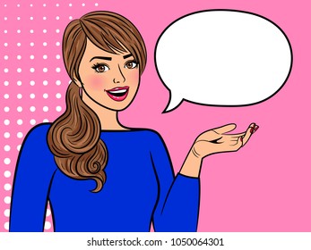 Retro girl with empty speech bubble. Vintage woman shows by hand and says comic vector illustration