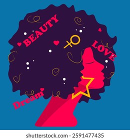 retro girl with a fluffy hairstyle and big earrings love dreams beauty illustration poster