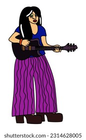 Retro girl with guitar. Vector illustration isolated on white background.