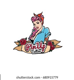 Retro Girl logo design. Vector Illustration Pretty pin up, sailor old school style logo tattoo