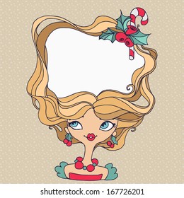 retro girl with long blond hair in a christmas frame shape