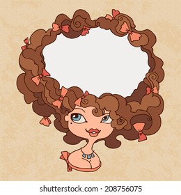 retro girl with long curly brunette hair in a frame shape