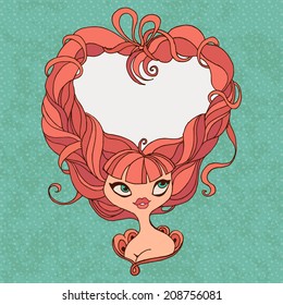retro girl with long red hair in a frame shape