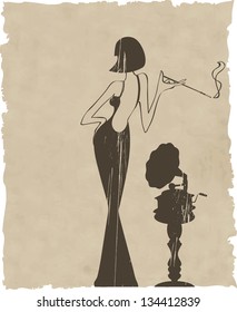 retro girl with old gramophone background - vector illustration