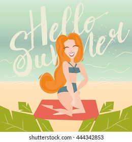 Retro girl on a beach. Vector illustration.