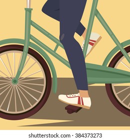 Retro girl on a bicycle in jeans . Close-up. Vector illustration