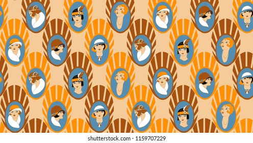 retro girl portraits, lady, twenties, vector seamless pattern