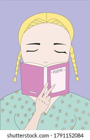 Retro girl reading a book. A Girl in a library reading Book. Flat vector illustration of a girl with a pigtails. 