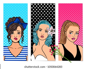 Retro girls banners. Vector pop art comic glasses lady cards, beautiful vintage women vector illustration