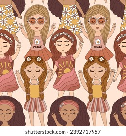 retro girls seamless pattern. Hand drawn vector illustration in retro style