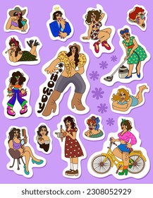 Retro girls. Sticker pack on bright lilac background. Vector collection of various female characters.
