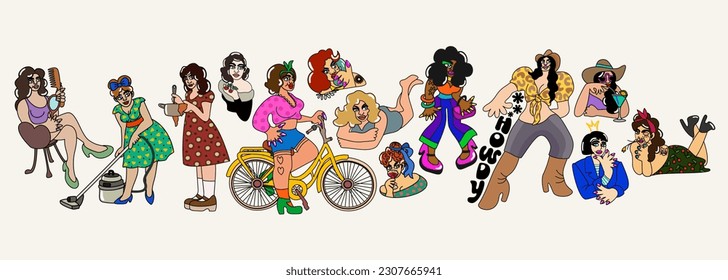 Retro girls. Vector collection of various female characters on light background.
