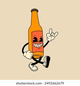 Retro glass bottle of beer  mascot character. 40s, 50s, 60s old animation style. Oktoberfest mascot