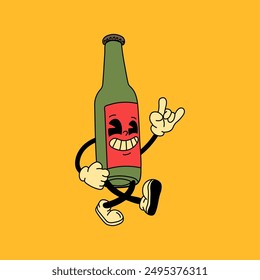 Retro glass bottle of beer  mascot character. 40s, 50s, 60s old animation style. Oktoberfest mascot