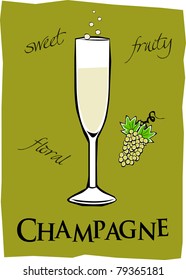 Retro Glass of Champagne with Bubbles Vector Illustration
