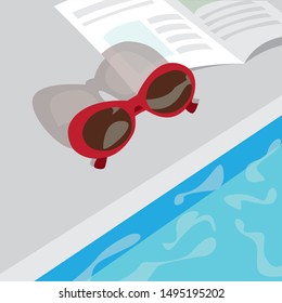 Retro Glasses And Book Or Magazine Near The Pool Summer Vector Illustration