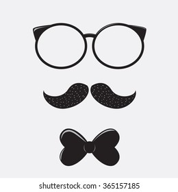 Retro glasses bow tie and mustaches. Vector background