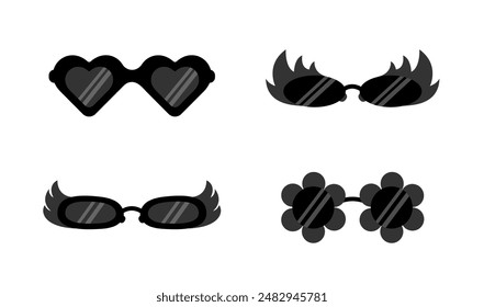 Retro-Brille. Dunkle Sonnenbrille mit verschiedenen Formen gesetzt. Hippie-Gläser in Form von Herzen, Blumen, Engelsflügeln und Flammen gesetzt. Vektorillustration im flachen Stil