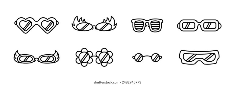 Retro glasses. Groovy hippie sunglasses set. Festive, carnival, party glasses. Cute retro psychedelic glasses. Glasses in the shape of hearts, flowers, angel wings and flames. Linear vector