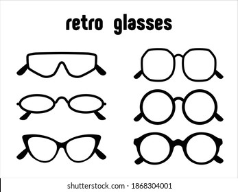 Retro glasses icon set collection 90s. Retro black-rimmed narrow, oversize, square, round, cat's eye lens glasses.
 Women's and men's accessory. Vintage optics lens frame trend. Vector illustration. 