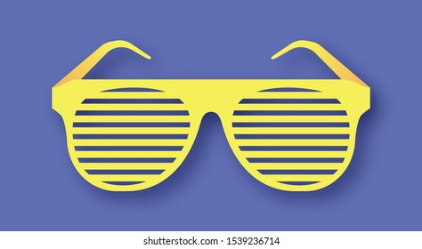 Retro glasses with lattice, paper style. Cut in layers. Yellow frame on lilac background with shadow.