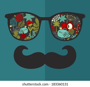 Retro glasses with reflection for hipster. Vector illustration of accessory - eyeglasses isolated. Best print for your t-shirt.