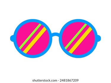 Retro glasses. Round retro glasses in the style of the 60-70s. Party sunglasses in flat style. Festive funny accessories. Psychedelic vector neon glasses isolated on white background