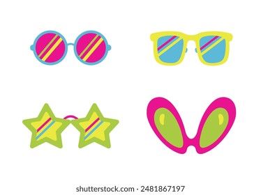 Retro glasses set. 70s style hippie sunglasses. Retro glasses various colors and shapes on white background. Round, star-shaped and alien-eyed glasses. Party glasses. Festive funny accessories