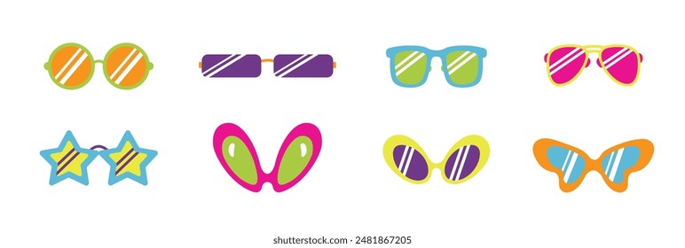 Juego de gafas retro. Conjunto de gafas de sol de moda de diferente forma y color. Colores retro de Antiguas. Gafas de sol en estilo groovy aisladas sobre fondo blanco. Pegatinas de garabato de neón de Vector psicodélico, 60-70