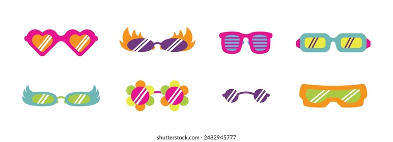 Retro glasses set. Festive, carnival, party glasses. Glasses in the shape of hearts, flowers, angel wings and flames. Groovy Sunglasses Set in Retro Hippie Style. Vector in 70s style. Different Forms