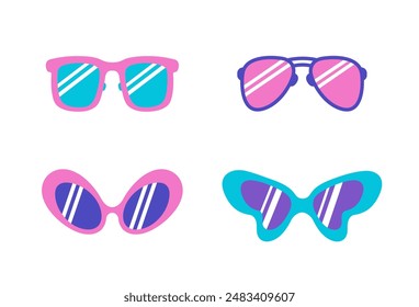 Juego de gafas retro. Divertidas gafas retro con diferente color y forma. Aviador, sobredimensionado, mariposa, caminante. Gafas de fiesta en estilo 60-70. Vector ilustraciones aisladas