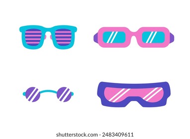 Retro Glasses set. Funny retro eyeglasses with different color and shape. Tishades, Rectangles, Wayfarers, sky googles. Party glasses in 60s-70s style. Vector isolated illustrations