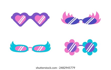 Retro Glasses set. Groovy cartoon sunglasses set in retro hippy style. Funky eyewear with flowers, hearts and fire, wings shape. Bright Sunglasses of 60s 70s. Vector illustration