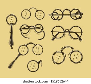 Retro glasses set. Vector hand-drawn illustration.