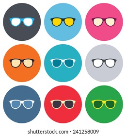 Retro glasses sign icon. Eyeglass frame symbol. Colored round buttons. Flat design circle icons set. Vector