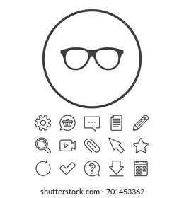 Retro glasses sign icon. Eyeglass frame symbol. Document, Chat and Paper clip line signs. Question, Pencil and Calendar line icons. Star, Download and Shopping cart. Vector