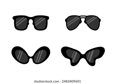 Retro Glasses. Sunglasses of different shapes in flat style. Aviator, Oversized, Butterfly, Wayfarer. Dark glasses with glare. Party glasses. Vector isolated illustrations