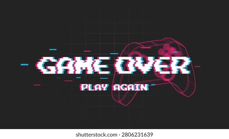 Retro glitch effect Game Over text with Play Again typography and a neon pink wireframe game controller on a dark grid background. Perfect for cyberpunk gaming UI, esports designs, and arcade screens.